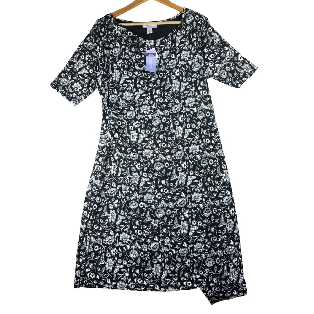 Motherhood Maternity‎ Nursing Dress Large Black White Floral Ruched Short Sleeve